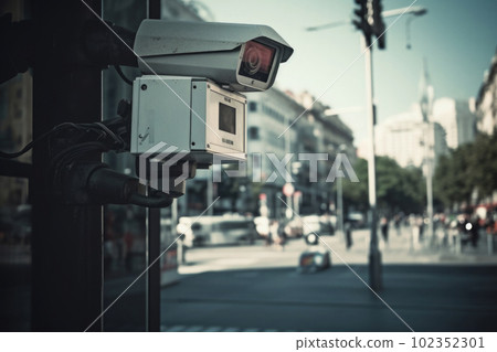 Surveillance camera at city street. CCTV monitoring system. Generative AI 102352301