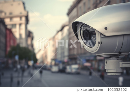 Surveillance camera at city street. CCTV monitoring system. Generative AI 102352302