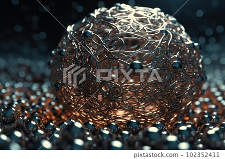 Network technology polygonal sphere digital silver abstract background. Low poly 3d sphere made with generative AI 102352411