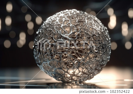 Network technology polygonal sphere digital silver abstract background. Low poly 3d sphere made with generative AI 102352422