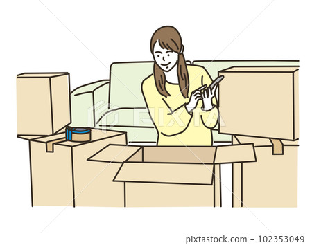 智能手機在紙板前的年輕女子 102353049