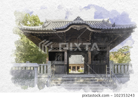 水彩風格的四國 88 寺 84 八島寺四天門 香川縣高松市 水彩風格的四國 88 寺 84 八島寺四天門 香川縣高松市 102353243