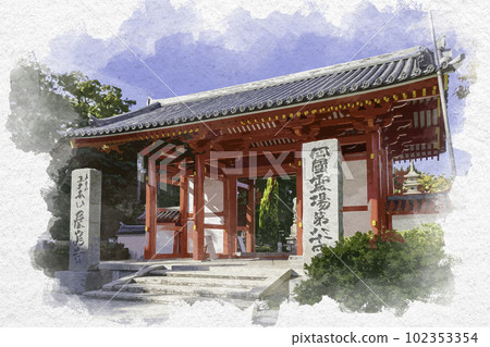 Watercolor-style Shikoku 88 Temple No. 84, Yashimaji Higashidaimon, Takamatsu City, Kagawa Prefecture 102353354