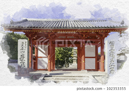 Watercolor-style Shikoku 88 Temple No. 84, Yashimaji Higashidaimon, Takamatsu City, Kagawa Prefecture 102353355