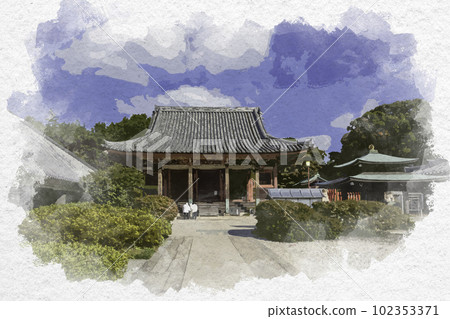 Watercolor-style Shikoku 88 Temple No. 84 Yashima Temple Main Hall Takamatsu City, Kagawa Prefecture 102353371
