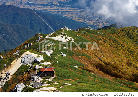 Ikeyama Ridge and Inadani townscape in autumn colors seen from the summit of Mt. Utsugi in the Central Alps Ikeyama Ridge and Inadani townscape in autumn colors seen from the summit of Mt. Utsugi in the Central Alps 102353383
