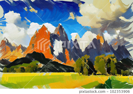Impressionistic painting sketch mountain landscape Impressionistic painting sketch mountain landscape 102353906