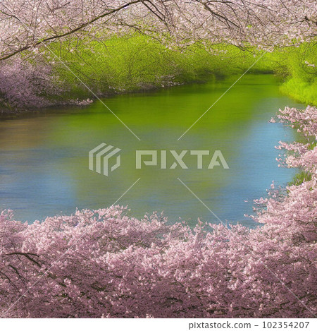 櫻花樹沿著水邊綻放的風景 櫻花樹沿著水邊綻放的風景 102354207