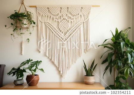 DIY macrame wall hanging. Boho style interior decor. Generative AI DIY macrame wall hanging. Boho style interior decor. Generative AI 102354211