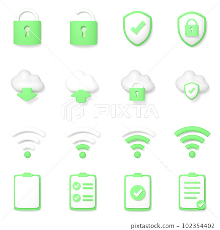 Set of 16 business 3D icons (lock security cloud wifi notebook green) 102354402