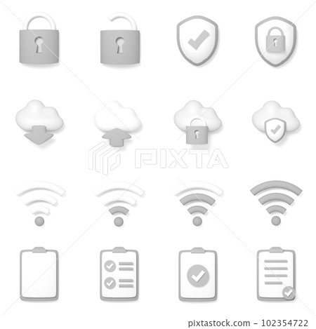 Set of 16 business 3D icons (lock security cloud wifi notebook gray) 102354722