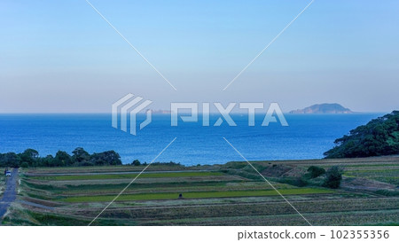 Scenery of collaboration between terraced fields and calm Ine Bay seen near Ine 102355356