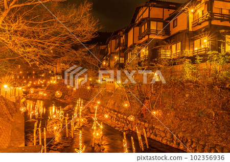 Night view from Marusuzu Bridge in Kurokawa Onsen Night view from Marusuzu Bridge in Kurokawa Onsen 102356936