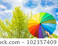 Blue sky and rainbow umbrella 102357409