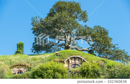 Scenery view of the "Bag End" home of Bilbo and Frodo Baggins from the Hobbiton movie set in Alexander Farm, New Zealand. Scenery view of the "Bag End" home of Bilbo and Frodo Baggins from the Hobbiton movie set in Alexander Farm, New Zealand. 102360636