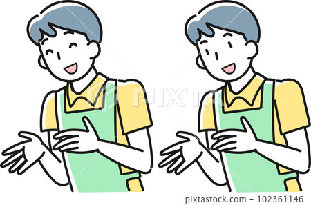 一個圍著圍裙的年輕人微笑著伸出援助之手 102361146