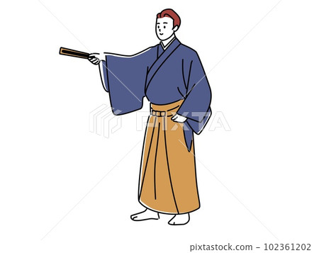 A man in a hakama pointing with a folding fan A man in a hakama pointing with a folding fan 102361202