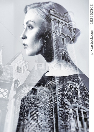 Woman, building and double exposure with black and white effect for city art deco. Creative, architecture and church overlay on young female model with urban buildings design for monochrome and idea Woman, building and double exposure with black and white effect for city art deco. Creative, architecture and church overlay on young female model with urban buildings design for monochrome and idea 102362508