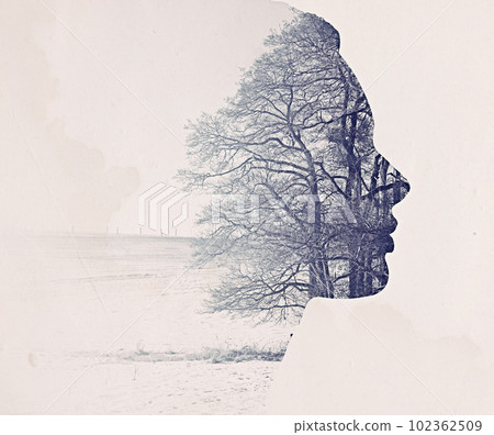Woman, face and tree with double exposure and nature, creativity and environment with mockup space. Art abstract, female person profile and overlay, illustration and reflection with sustainability Woman, face and tree with double exposure and nature, creativity and environment with mockup space. Art abstract, female person profile and overlay, illustration and reflection with sustainability 102362509
