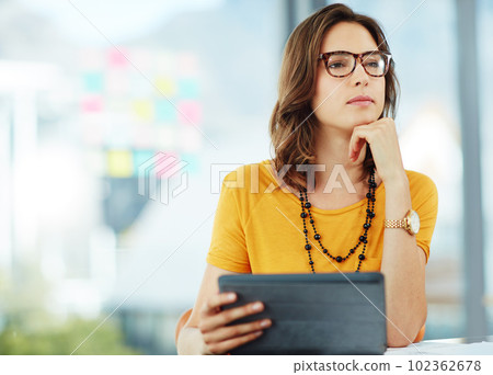 Business woman thinking with tablet in office, ideas and inspiration for project with focus at digital marketing agency. Creative female designer, think about content for website and tech with mockup Business woman thinking with tablet in office, ideas and inspiration for project with focus at digital marketing agency. Creative female designer, think about content for website and tech with mockup 102362678