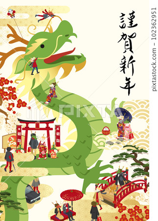 A Japanese-style 2024 New Year's card template of a big dragon and people (vector illustration) 102362951