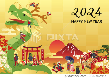 A Japanese-style 2024 New Year's card template of a big dragon and people (vector illustration) 102362954
