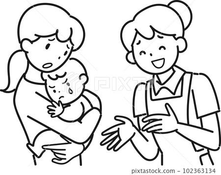 因寶寶心情不好而陷入困境的媽媽和女保育員 因寶寶心情不好而陷入困境的媽媽和女保育員 102363134
