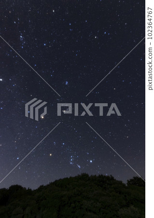 The Orion constellation and the Pleiades star cluster rising in the autumn starry sky The Orion constellation and the Pleiades star cluster rising in the autumn starry sky 102364767