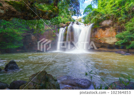 Beautiful waterfall with sunlight in jungle, Haew Suwat Waterfall at khao yai Nakhonratchasima province 102364853