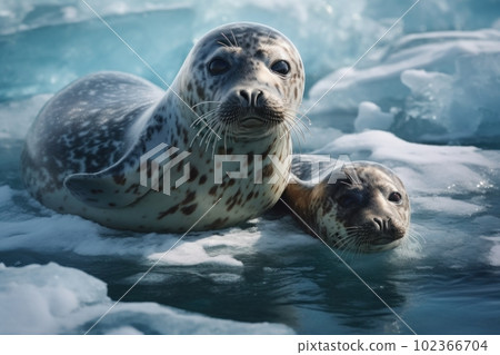 Family of seals relaxing on drift ice: AI work Family of seals relaxing on drift ice: AI work 102366704