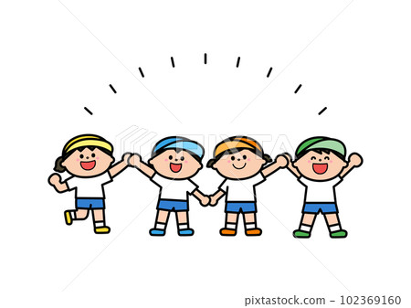 Children in gym clothes holding hands with a smile 102369160
