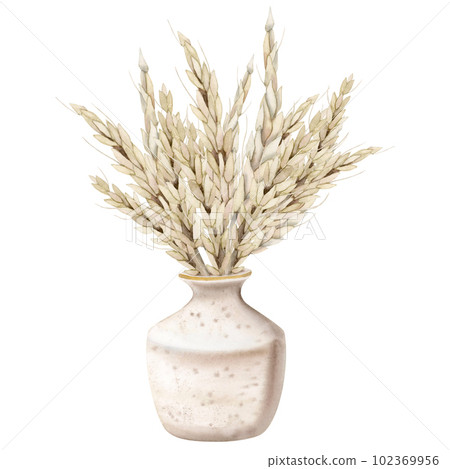 Watercolor wheat bouquet in vintage beige vase illustration, harvest composition for Shavuot Jewish holiday 102369956