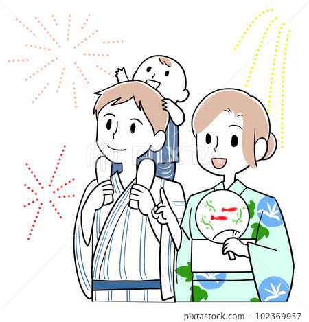 Family watching fireworks in yukata 102369957