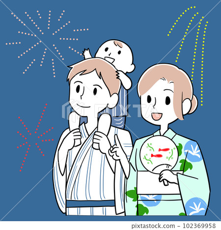Family watching fireworks in yukata 102369958