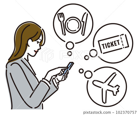 Profile of a female business person doing preliminary research for travel or business trip on a smartphone Profile of a female business person doing preliminary research for travel or business trip on a smartphone 102370757