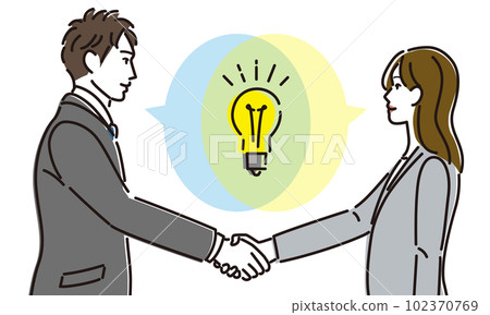 Male and female office workers agreeing on an idea and shaking hands Male and female office workers agreeing on an idea and shaking hands 102370769