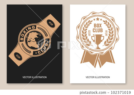 Set of Boxing club badge, logo design. Vector illustration. For Boxing sport club emblem, sign, patch, shirt, template. Retro poster, banner with champion belt, golden cup Silhouette. Set of Boxing club badge, logo design. Vector illustration. For Boxing sport club emblem, sign, patch, shirt, template. Retro poster, banner with champion belt, golden cup Silhouette. 102371019