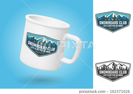 White camping cup. Realistic mug mockup template with sample design. Snowboard Club patch. Vector. Concept for shirt, print, stamp or tee. Design with forest and mountain silhouette. Extreme winter 102371026