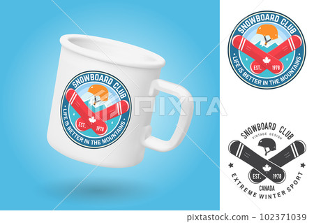 White camping cup. Realistic mug mockup template with sample design. Snowboard Club. Vector. Design with snowboard and helmet silhouette. Extreme winter sport 102371039