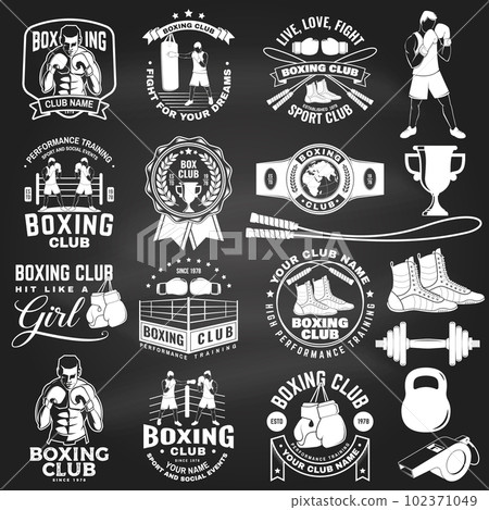 Set of Boxing club badge, logo design on chalkboard. Vector illustration. For Boxing sport club emblem, sign, patch, shirt, template. Vintage monochrome label, sticker with Boxer, gloves, boxing jump 102371049