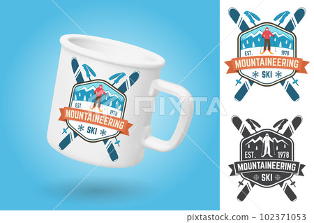 White camping cup. Realistic mug mockup template with sample design. Mountaineering ski patch. Vector. Concept for alpine club shirt, print, stamp. Vintage typography design with mountain silhouette White camping cup. Realistic mug mockup template with sample design. Mountaineering ski patch. Vector. Concept for alpine club shirt, print, stamp. Vintage typography design with mountain silhouette 102371053