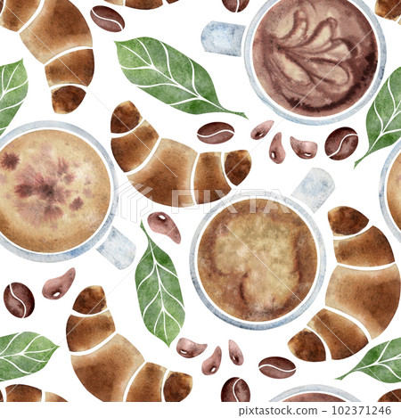 Watercolor hand drawn seamless pattern with capuccino coffee cups, beans, leaves, drops, croissant. Isolated on white background. For invitations, cafe, restaurant food menu, print, website, cards Watercolor hand drawn seamless pattern with capuccino coffee cups, beans, leaves, drops, croissant. Isolated on white background. For invitations, cafe, restaurant food menu, print, website, cards 102371246
