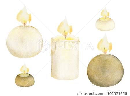 Hand drawn watercolor assorted candles lit with flames. Votives, balls, tea lights, pillars. Isolated object on white background. Design for wellness resort, print, fabric, cover, card, booklet. Hand drawn watercolor assorted candles lit with flames. Votives, balls, tea lights, pillars. Isolated object on white background. Design for wellness resort, print, fabric, cover, card, booklet. 102371256
