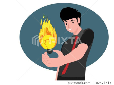 young man holding a light bulb in his hand Get ideas, solve problems, and get creative. Business. Male character holding a light bulb burning with flames. vector illustration 102371313