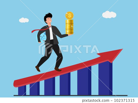 Increase revenue, income or investment profit, growing income or wealth, growth chart diagram or savings and investment return concept, businessman carry money coin stack walk up growth graph diagram. Increase revenue, income or investment profit, growing income or wealth, growth chart diagram or savings and investment return concept, businessman carry money coin stack walk up growth graph diagram. 102371315