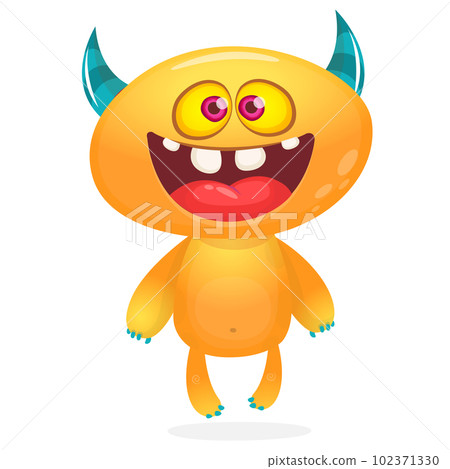 Funny cartoon smiling monster creature. Halloween Illustration of happy alien character. Vector isolated 102371330