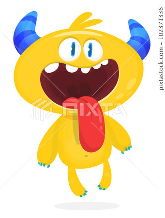 Funny cartoon smiling monster creature. Halloween Illustration of happy alien character. Vector isolated 102371336
