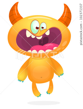 Funny cartoon smiling monster creature. Halloween Illustration of happy alien character. Vector isolated 102371337