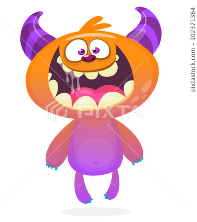 Funny cartoon smiling monster creature. Halloween Illustration of happy alien character. Vector isolated 102371364