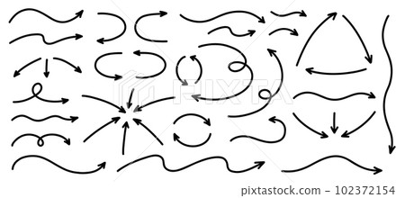 Hand drawn semibold line arrows set. Vector curvy, wavy and straight arrows isolated on white background. 102372154